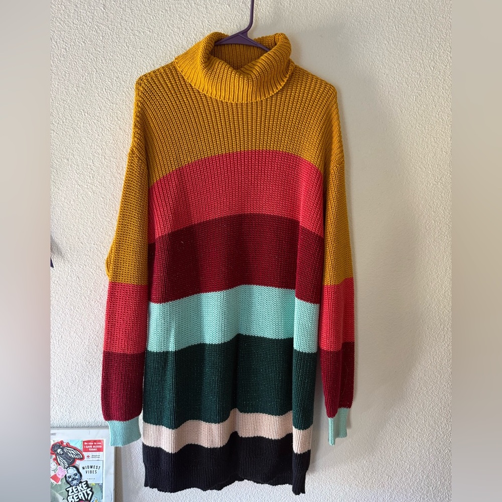 Anthropologie Turtleneck Colorblock Knit Sweater Dress - Mustard, Coral & Teal